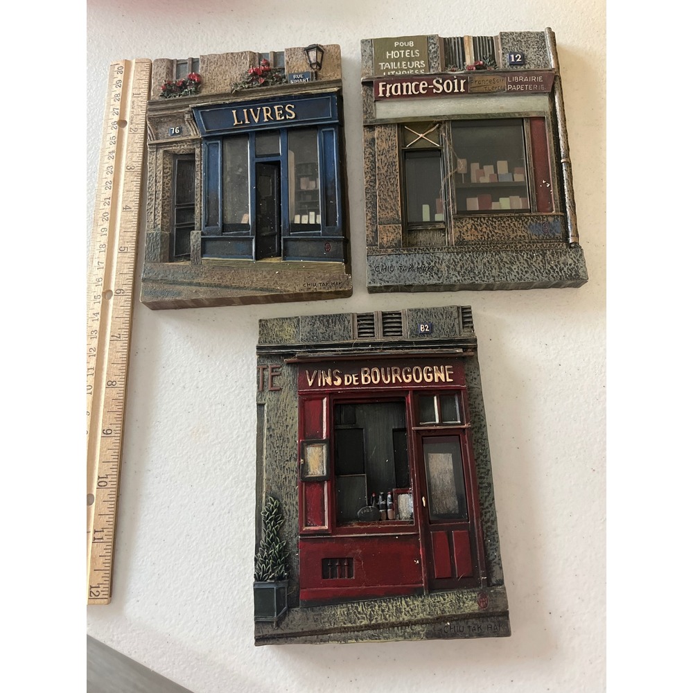 Chiu Tak Hak French Storefront 3D Wall Plaques Set 3 Paris Bookstore Wine Shop